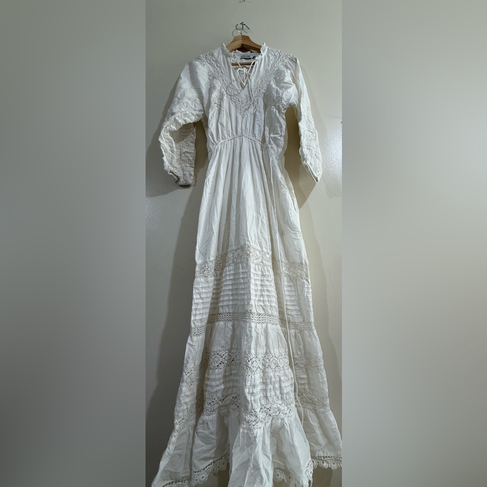 MARIACHER Bohemian White Lace-Trim Maxi Dress with V-Neck Tie